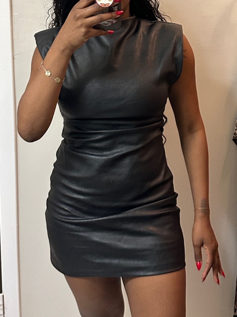 Zara Black Faux Leather Mini Dress with Padded Shoulders - Picture 3 of 10